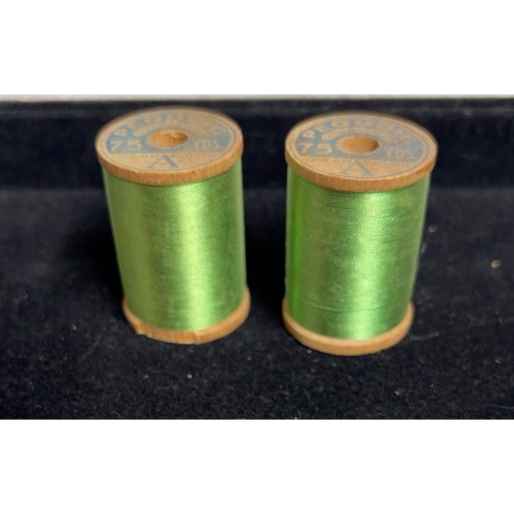 2 Vintage Pequoig Pure Dye Silk Sewing Thread Wood Spools Color 358